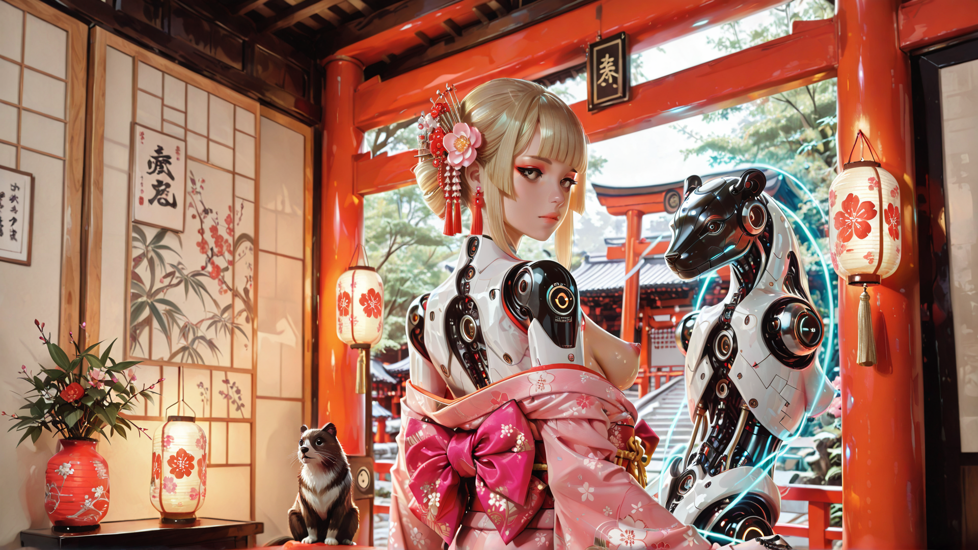AI generated wallpaper featuring robot, woman, kimono, deer, lantern, cat, cherry blossom, garden, traditional, mechanical