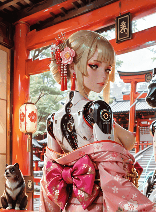 robot, woman, kimono, deer, lantern, cat, cherry blossom, garden, traditional, mechanical