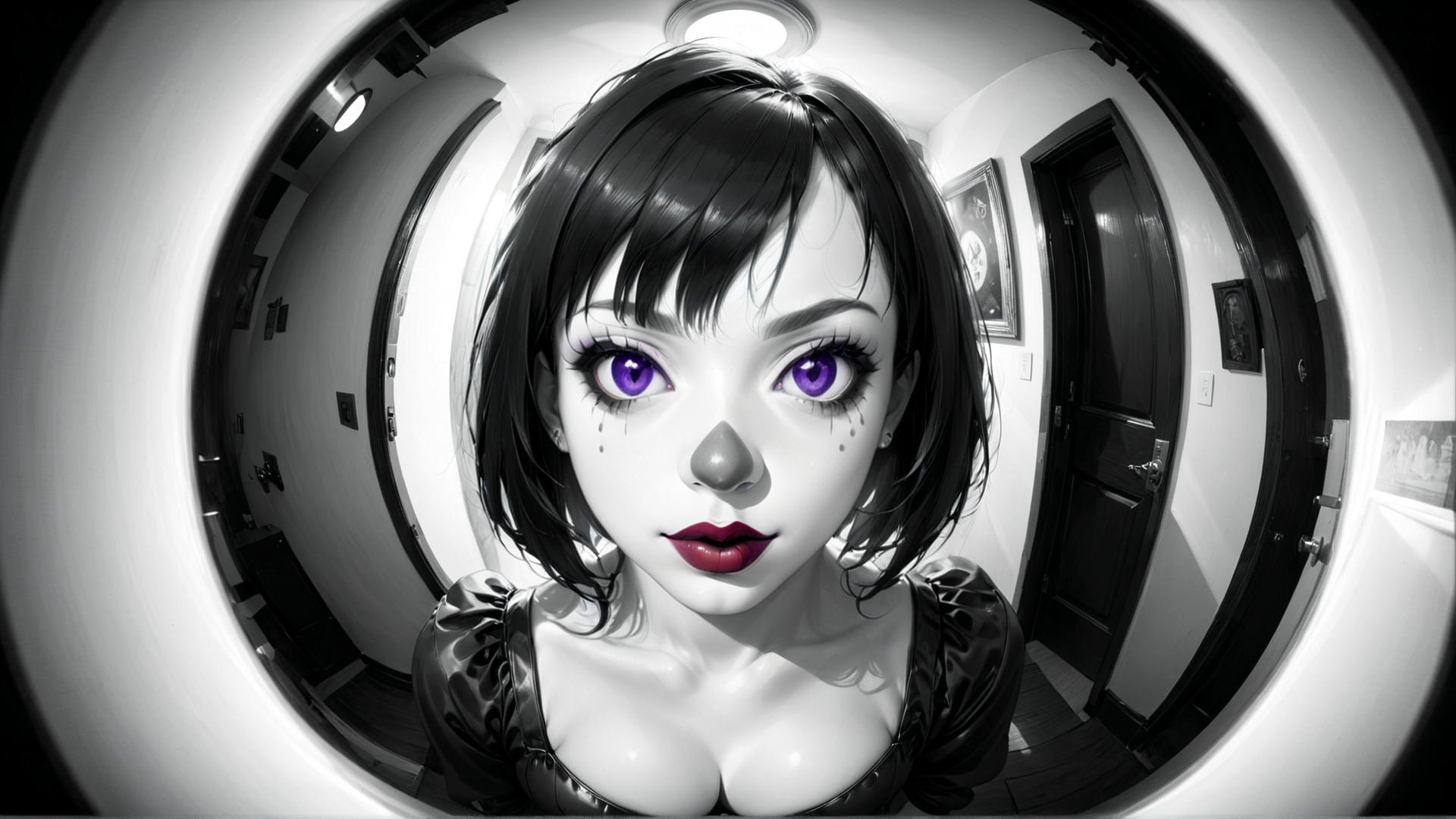 AI generated wallpaper featuring girl, woman, clown, mirror, door, corridor, painting, fisheye, fashion, portrait