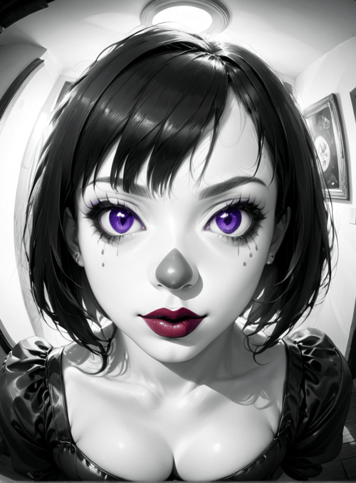 girl, woman, clown, mirror, door, corridor, painting, fisheye, fashion, portrait