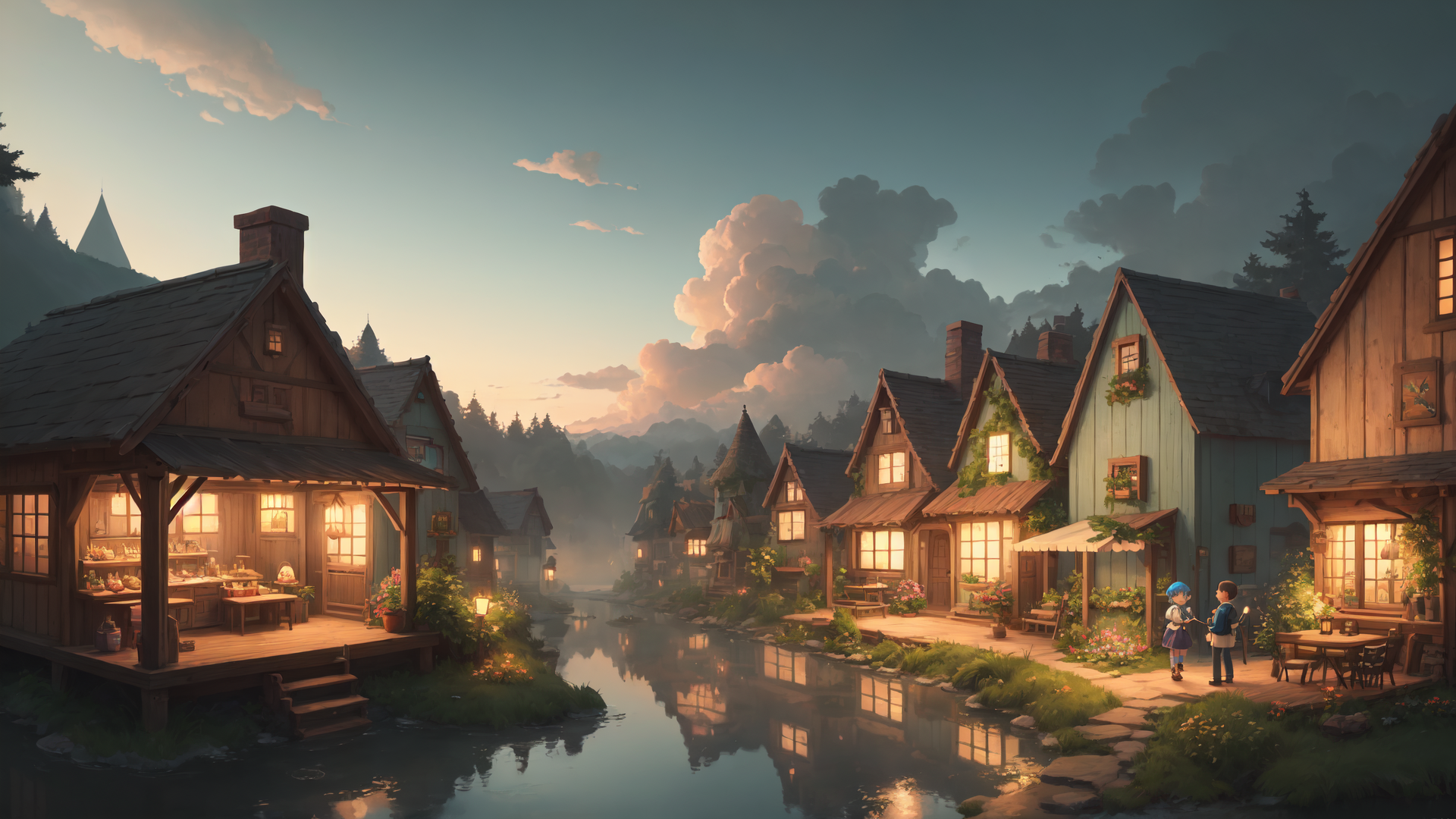 AI generated wallpaper featuring village, houses, river, children, flowers, trees, clouds, lanterns, cottage, window