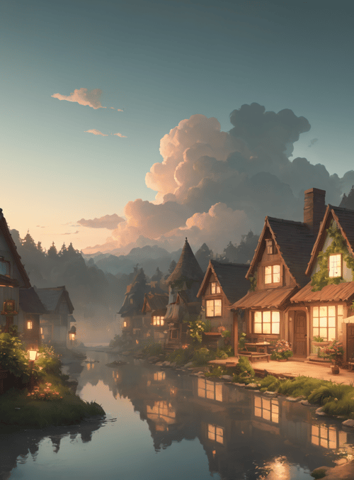 village, houses, river, children, flowers, trees, clouds, lanterns, cottage, window