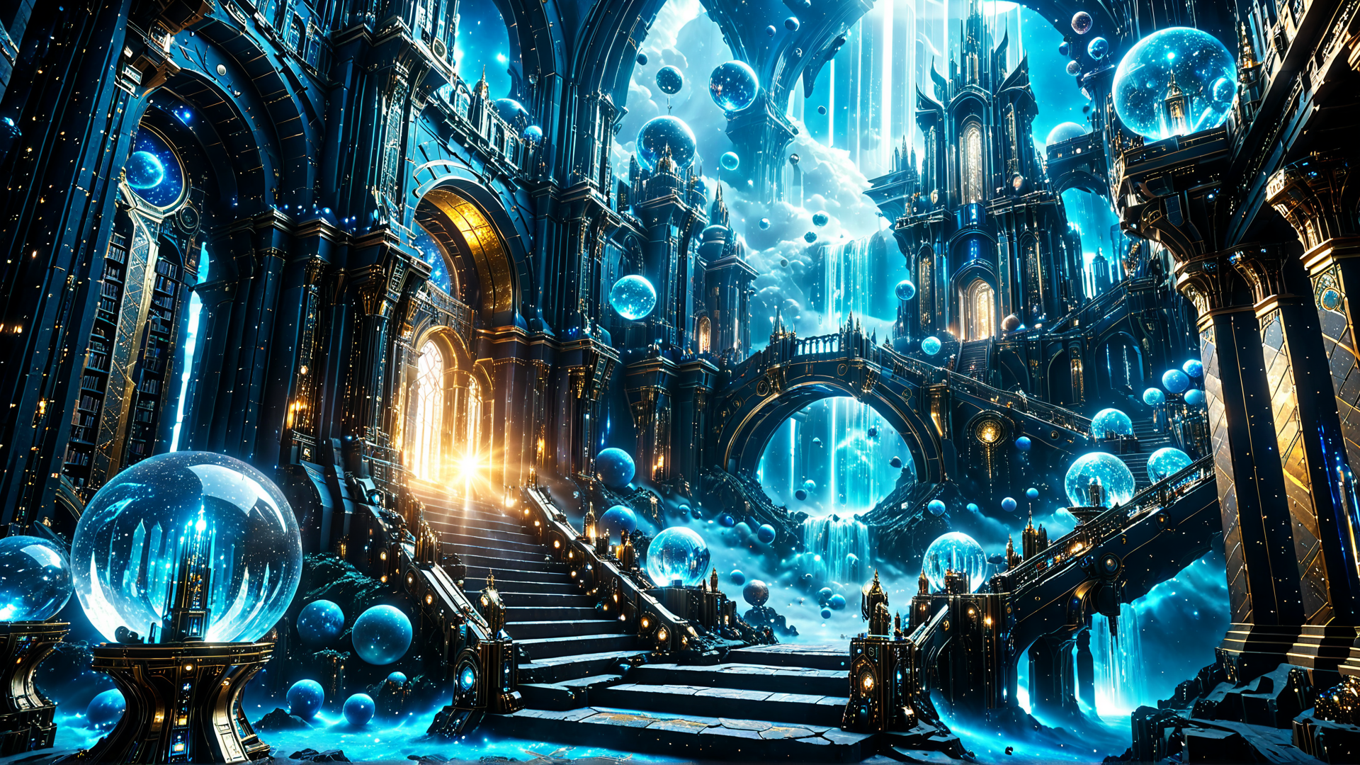 AI generated wallpaper featuring castle, spheres, staircase, arches, cityscape, waterfall, bridges, bookshelves, light beams, dome