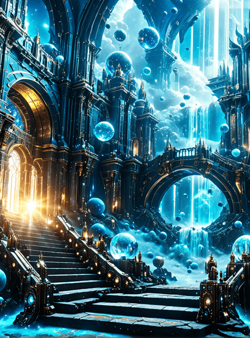 castle, spheres, staircase, arches, cityscape, waterfall, bridges, bookshelves, light beams, dome