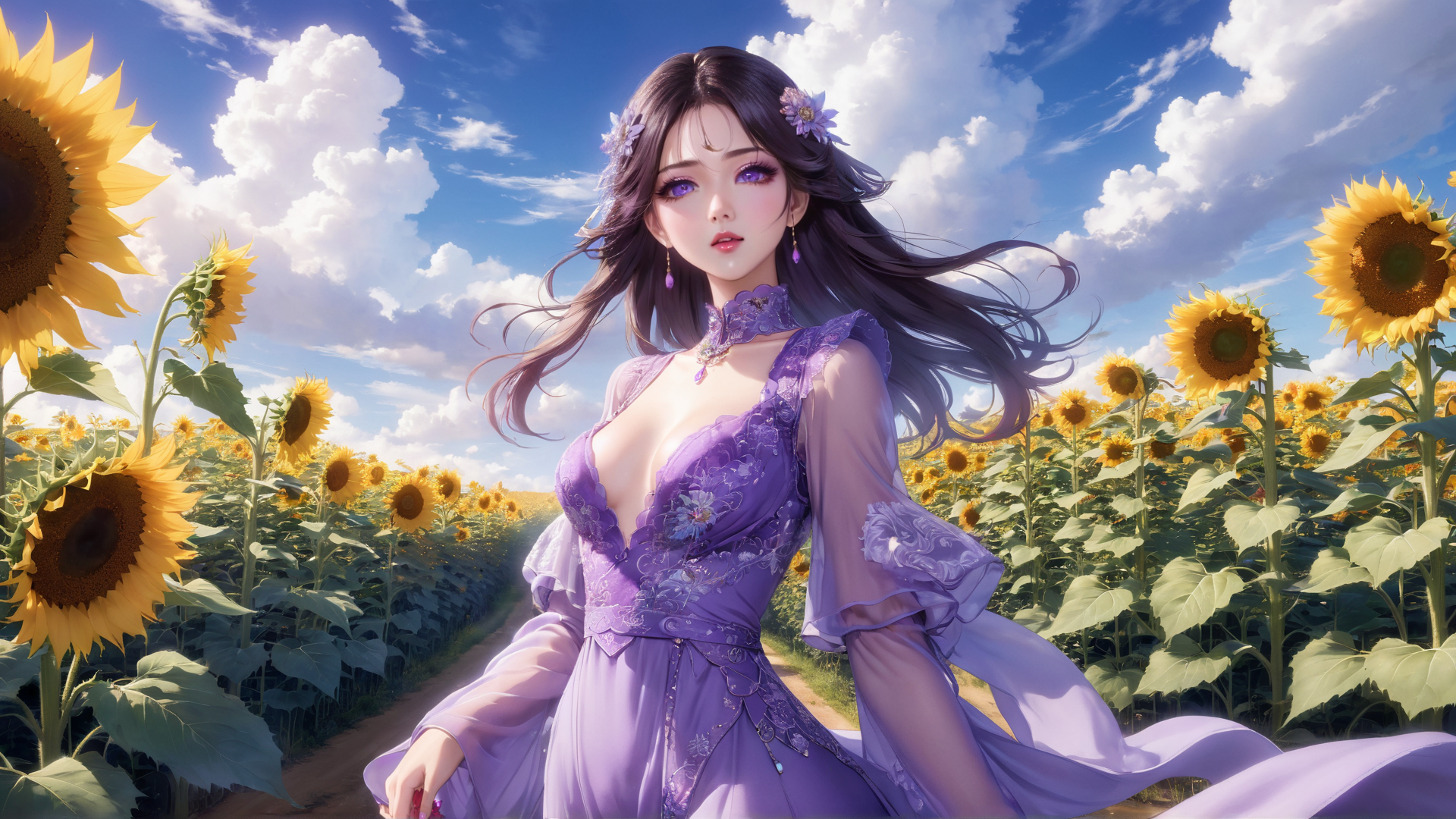 AI generated wallpaper featuring woman, sunflower, dress