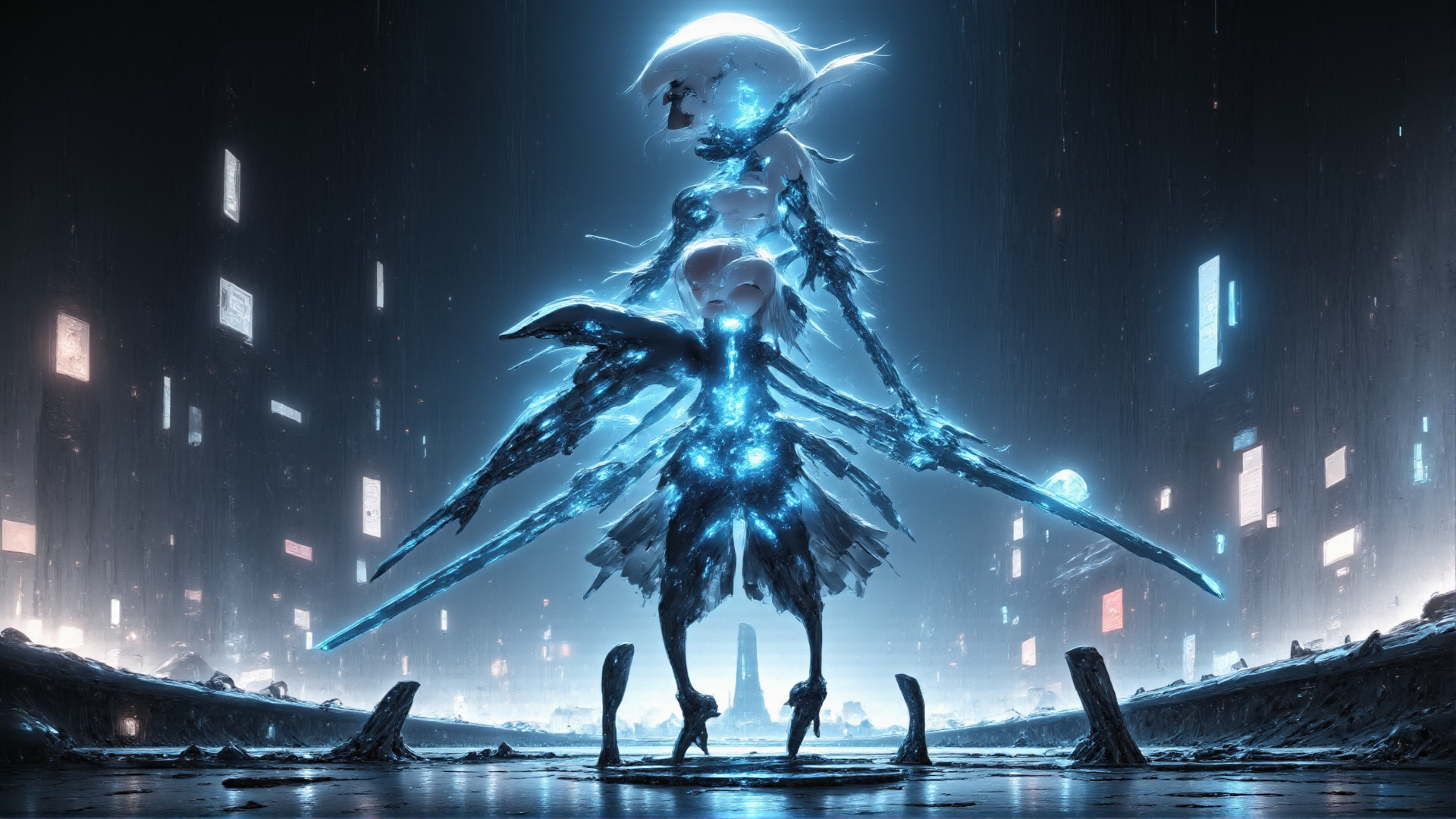 AI generated wallpaper featuring cyborg, angel, girl, sword, city, neon, futuristic, wings, giant, moon