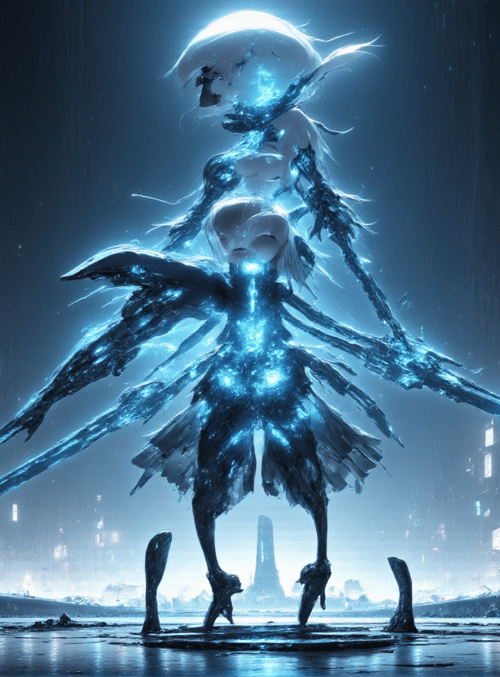 cyborg, angel, girl, sword, city, neon, futuristic, wings, giant, moon