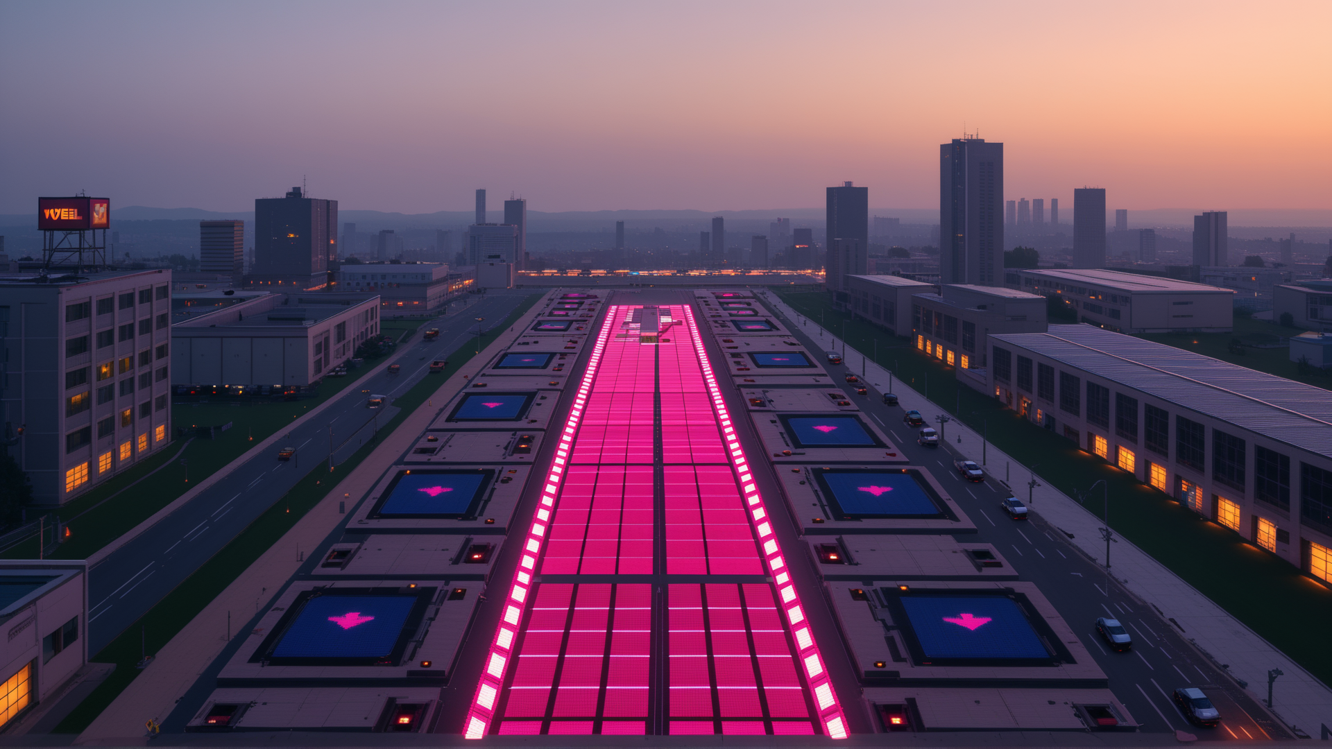 AI generated wallpaper featuring road, city, buildings, lights, sky, cars, digital, signage, sunset, structures
