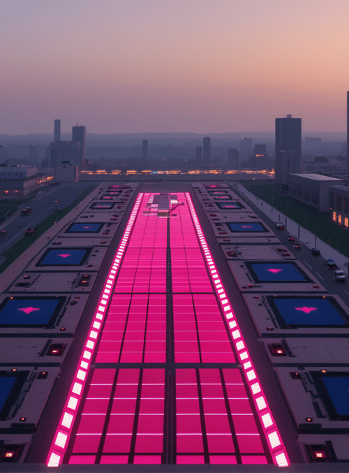 road, city, buildings, lights, sky, cars, digital, signage, sunset, structures