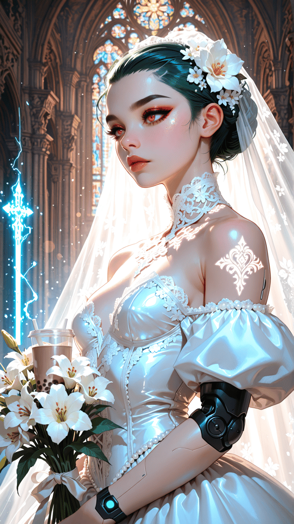 AI generated wallpaper featuring bride, cathedral, lilies, robotic_arm, swords, veil, stained_glass, cup, flowers, dove