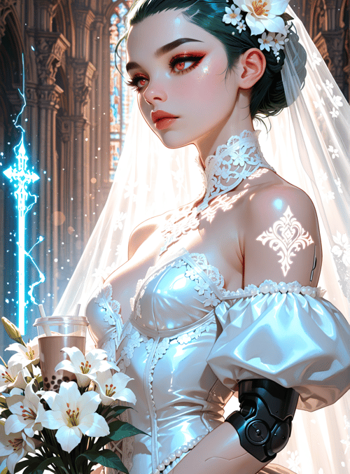 bride, cathedral, lilies, robotic_arm, swords, veil, stained_glass, cup, flowers, dove