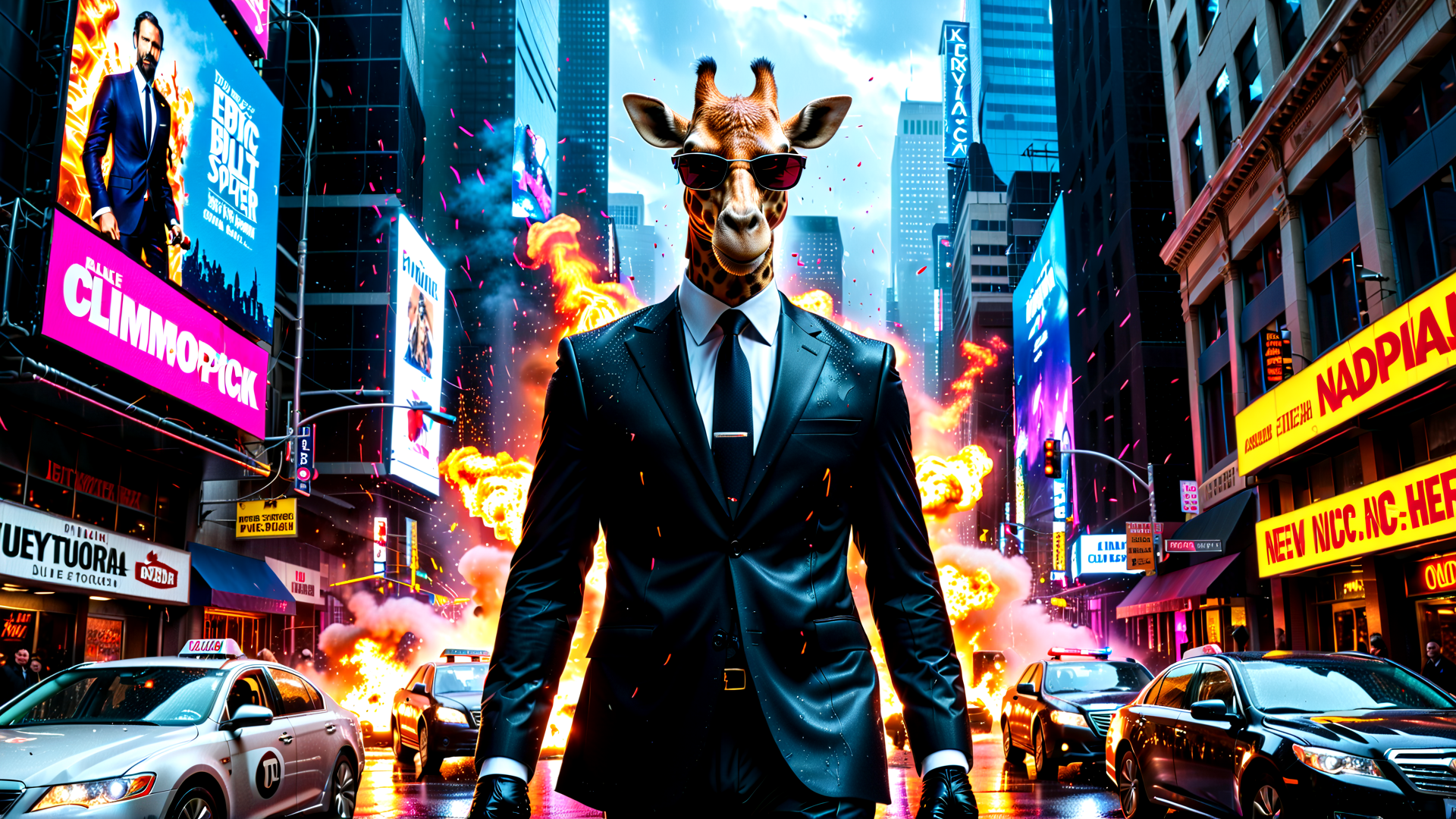 AI generated wallpaper featuring giraffe, suit, cityscape, explosion, taxi