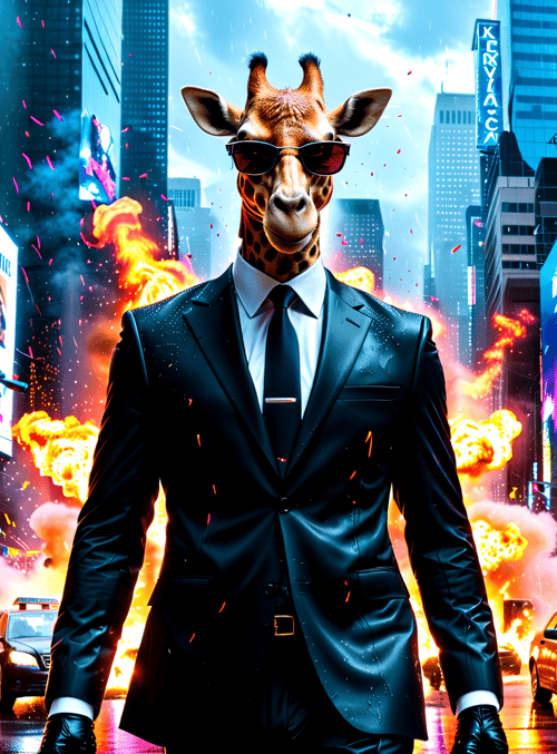 giraffe, suit, cityscape, explosion, taxi