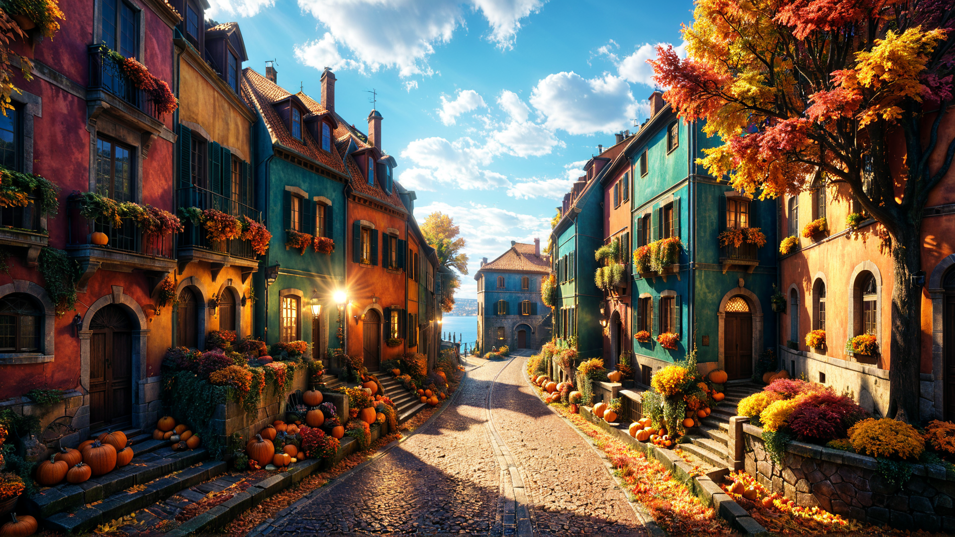 AI generated wallpaper featuring street, houses, pumpkins, trees, buildings