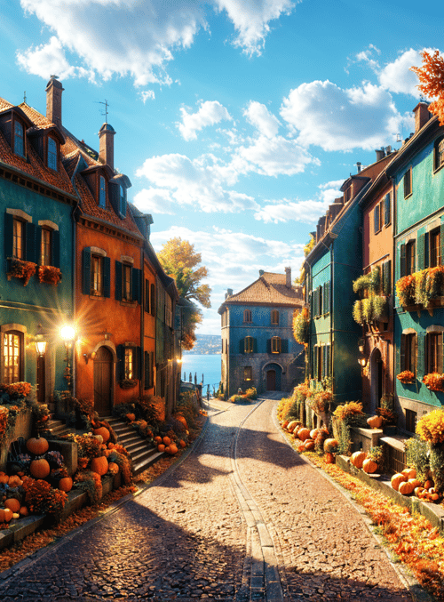street, houses, pumpkins, trees, buildings