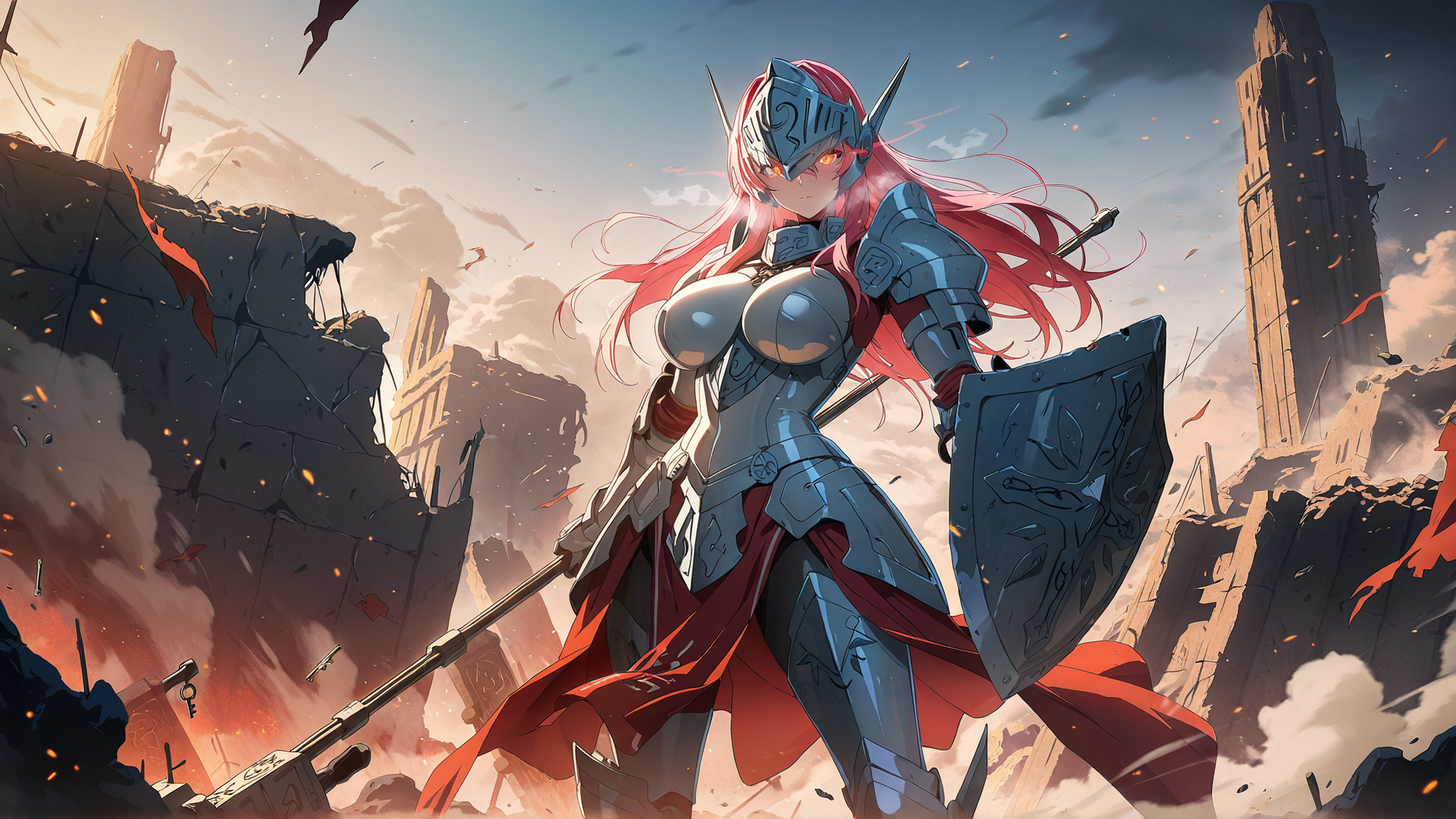 AI generated wallpaper featuring warrior, fembot, armor