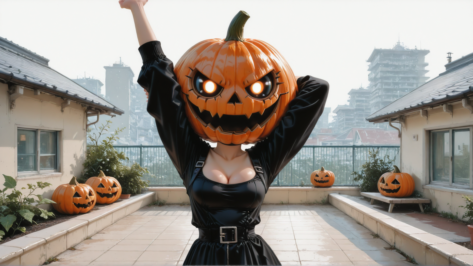 AI generated wallpaper featuring pumpkin, woman, jack-o-lantern, building, cityscape, balcony, plant