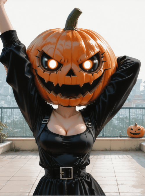 pumpkin, woman, jack-o-lantern, building, cityscape, balcony, plant