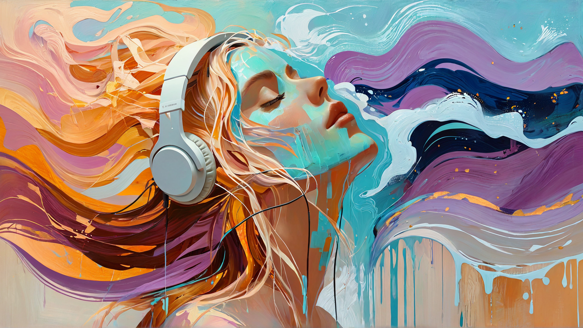 AI generated wallpaper featuring woman, headphones, hair, face