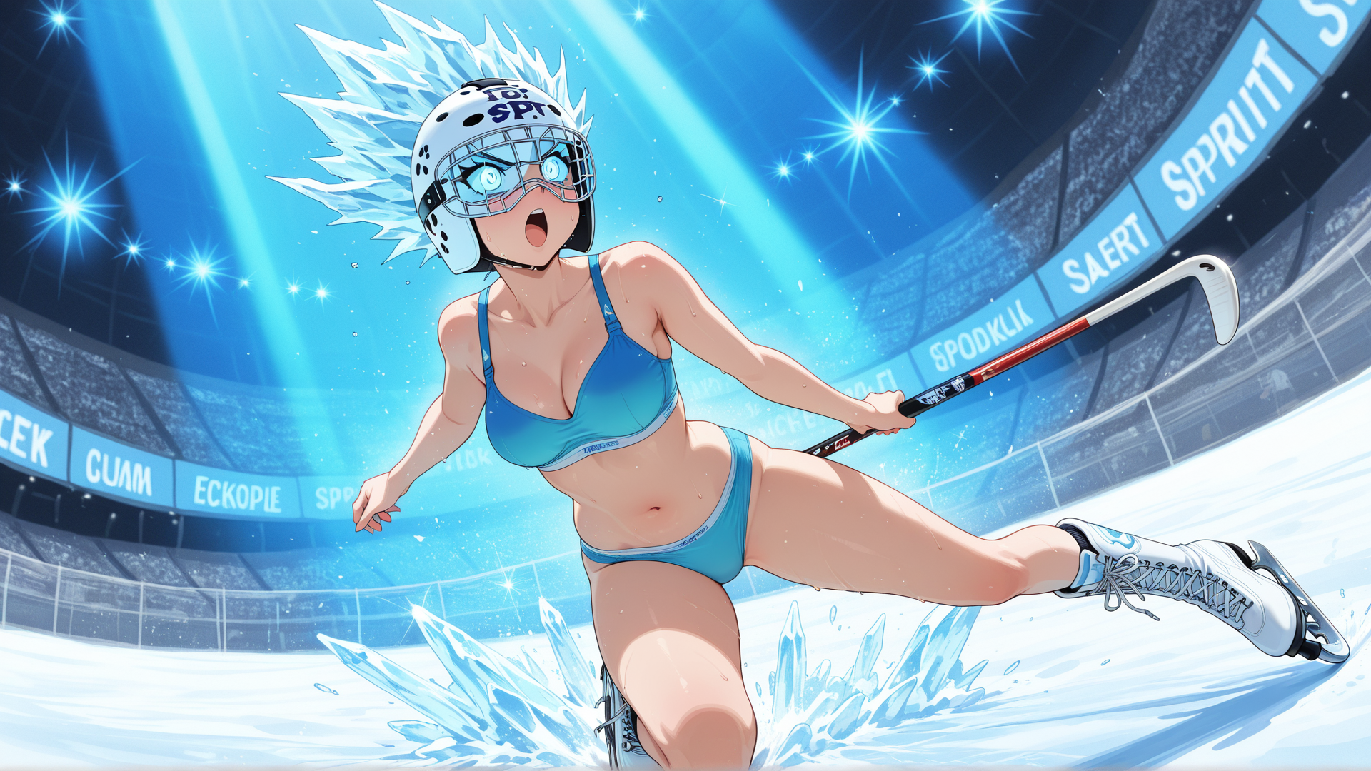 AI generated wallpaper featuring girl, hockey, ice, gloves, helmet, stick, bikini, skates, arena, crystals