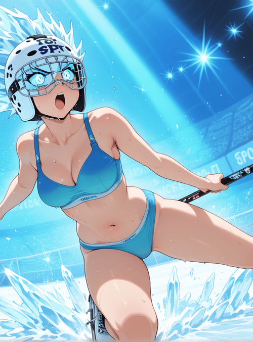 girl, hockey, ice, gloves, helmet, stick, bikini, skates, arena, crystals