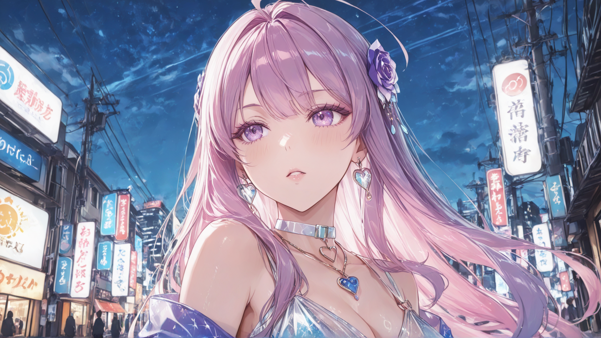 AI generated wallpaper featuring anime girl, pink hair, city street, signboards, jewelry, dress, roses, earrings, choker, hearts
