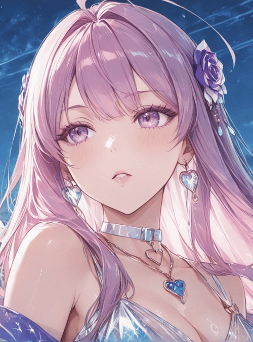 anime girl, pink hair, city street, signboards, jewelry, dress, roses, earrings, choker, hearts