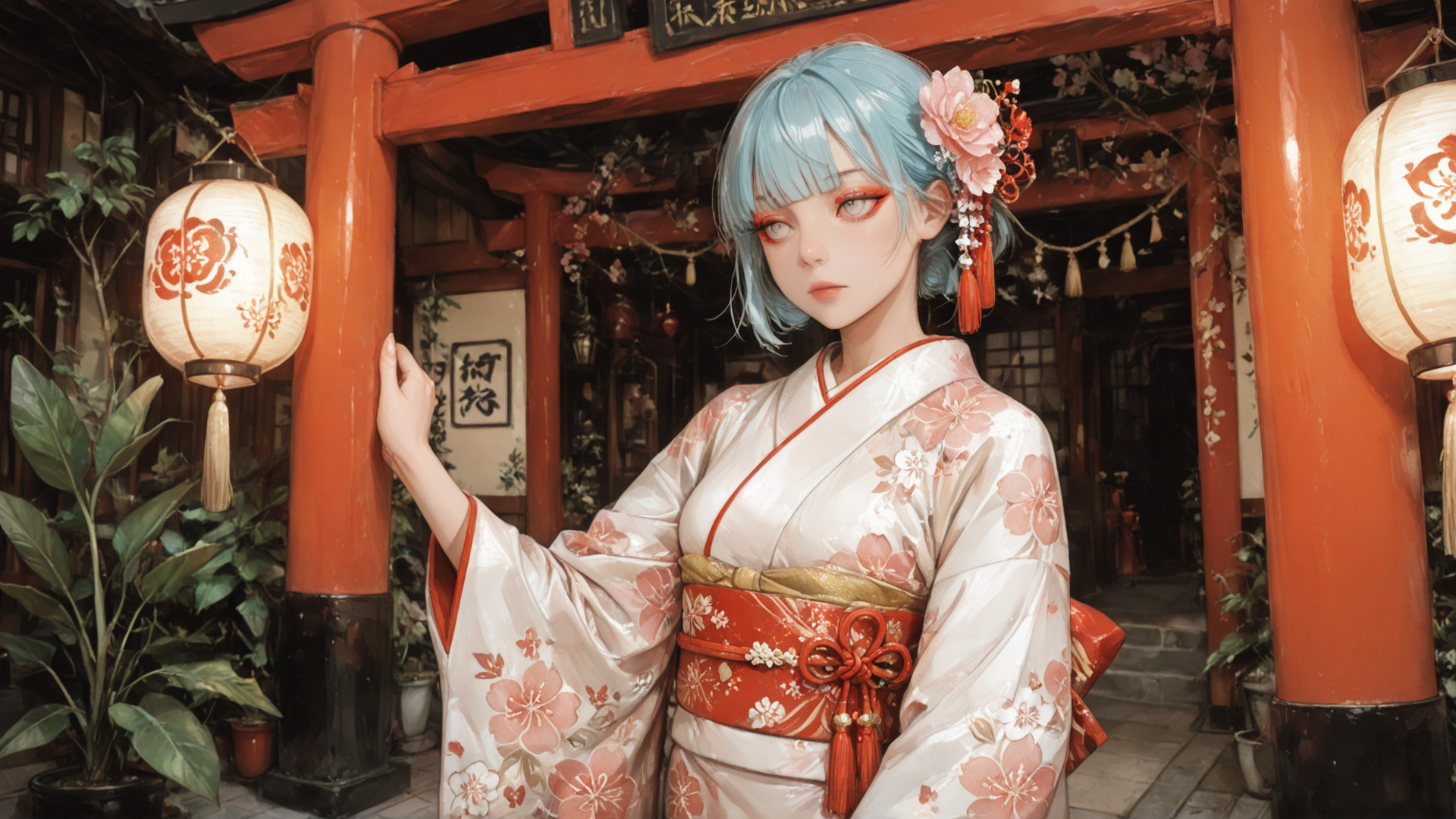 AI generated wallpaper featuring woman, koi, lantern, kimono, building, flower, plant