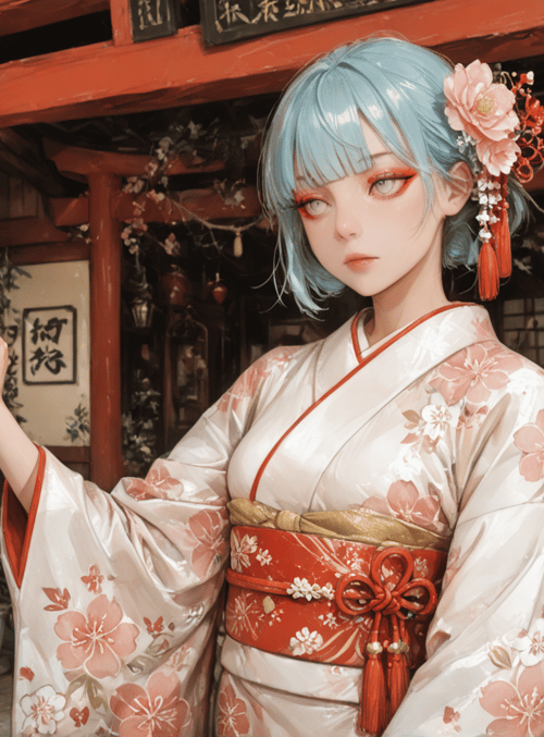 woman, koi, lantern, kimono, building, flower, plant