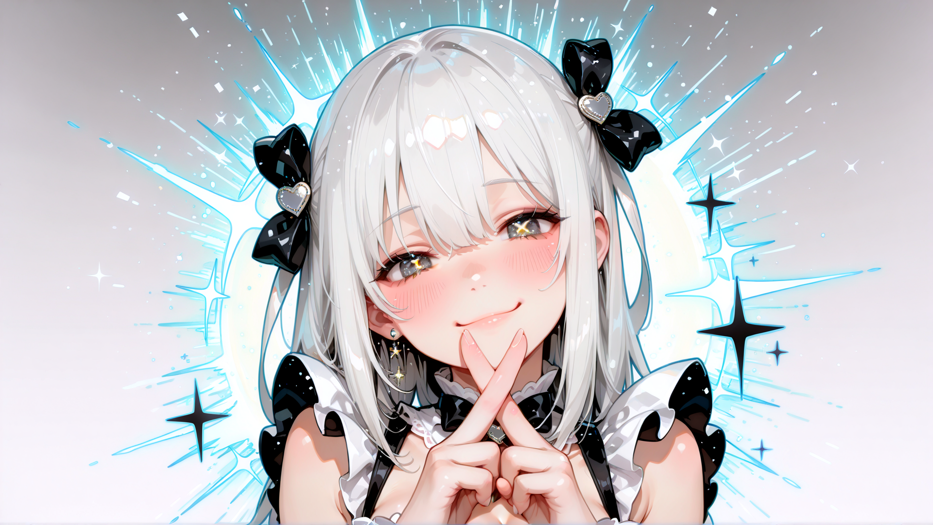 AI generated wallpaper featuring girl, anime, character, silver hair, bow, hands, stars