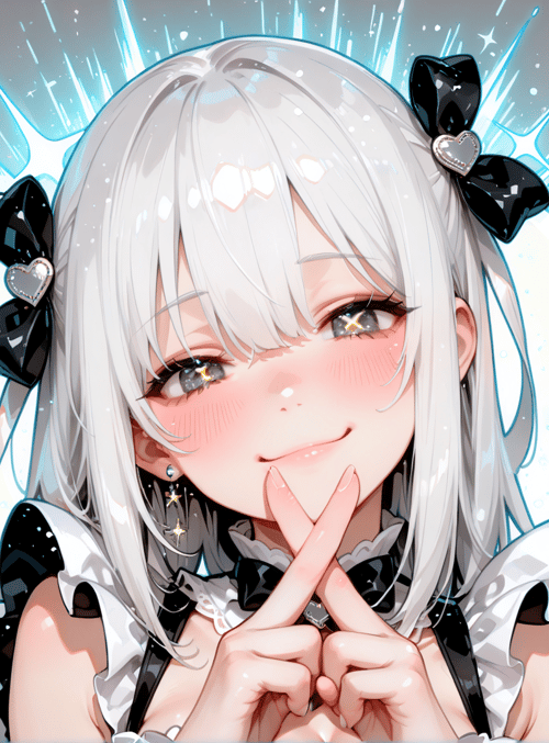 girl, anime, character, silver hair, bow, hands, stars