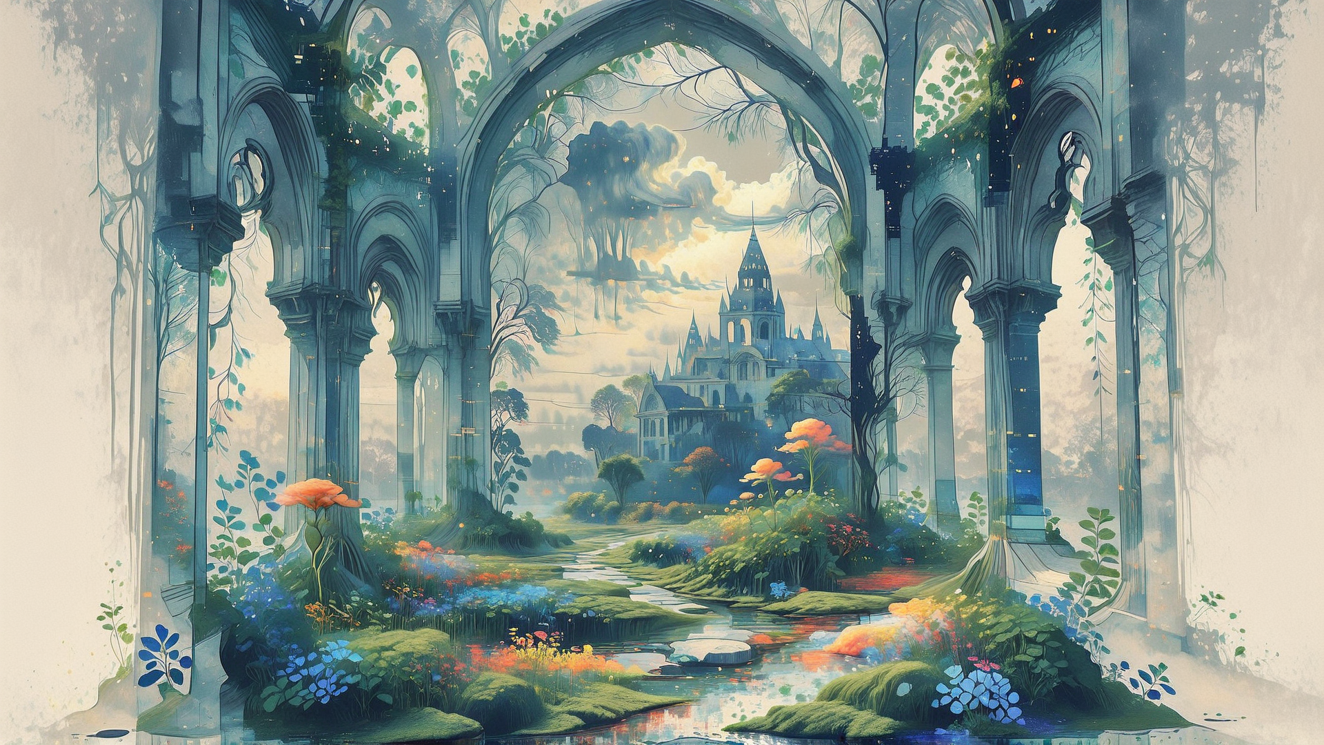 AI generated wallpaper featuring arches, castle, flowers, stream, trees, vines, stone, path, sky, clouds