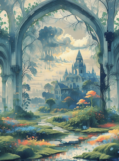 arches, castle, flowers, stream, trees, vines, stone, path, sky, clouds