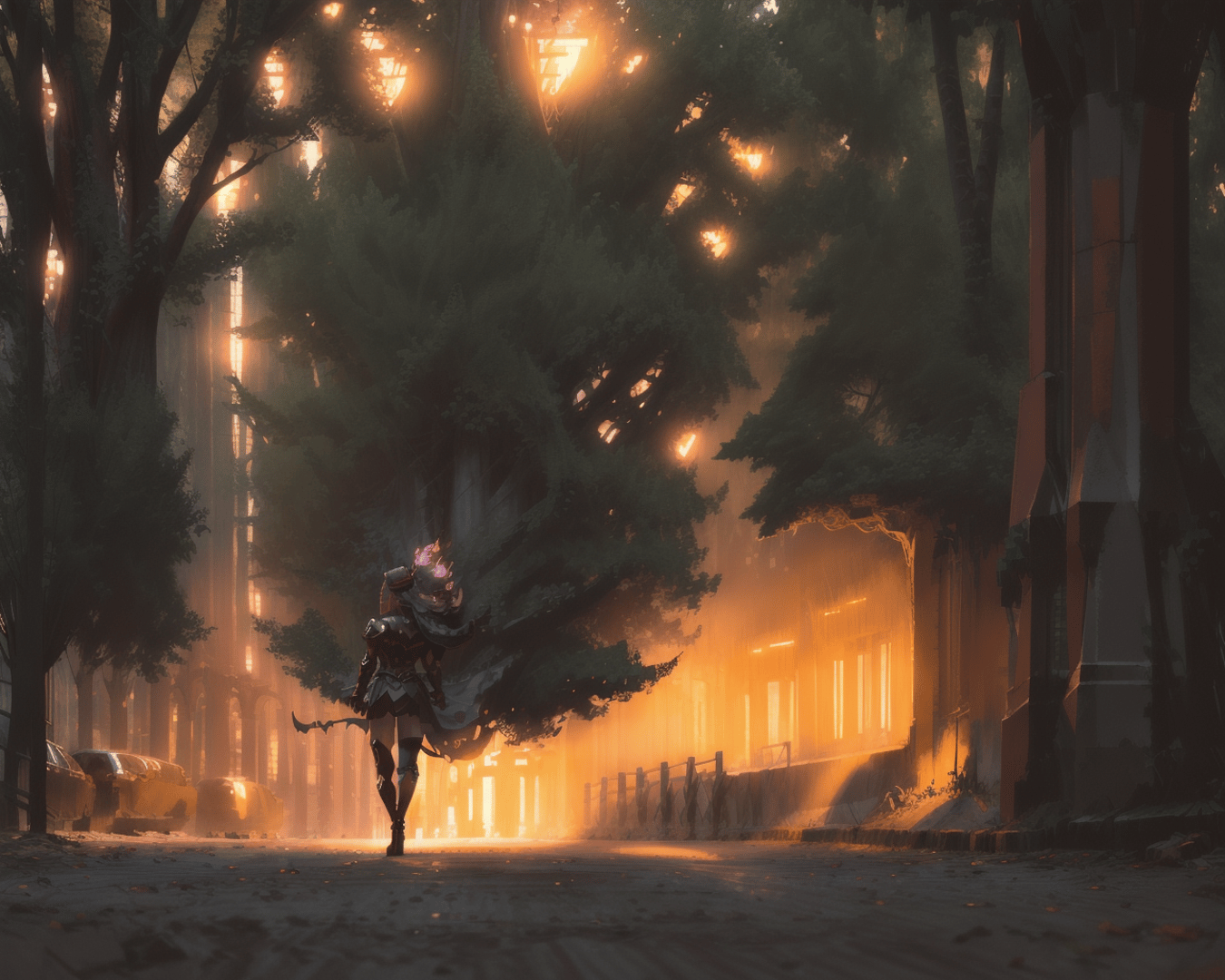 AI generated wallpaper featuring warrior, tree, city
