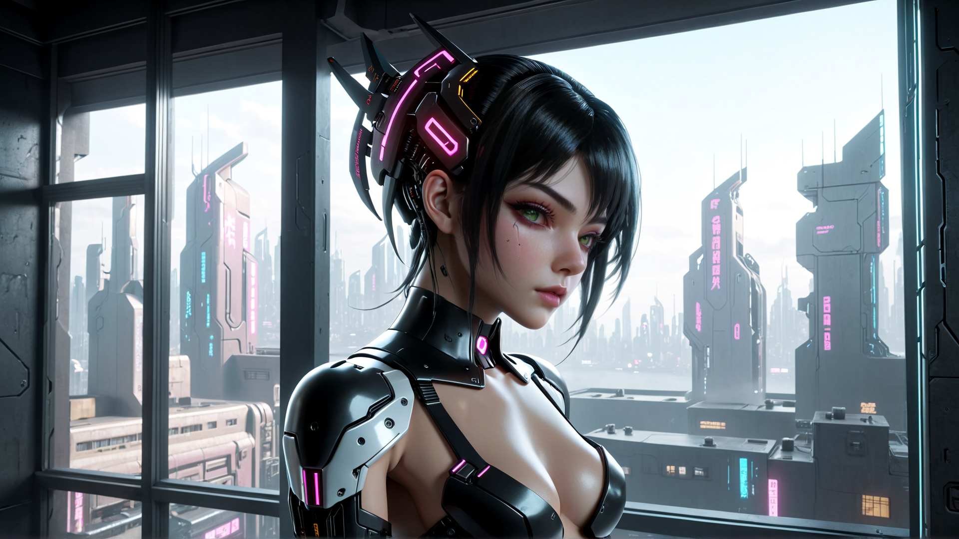 AI generated wallpaper featuring cyborg, woman, neon