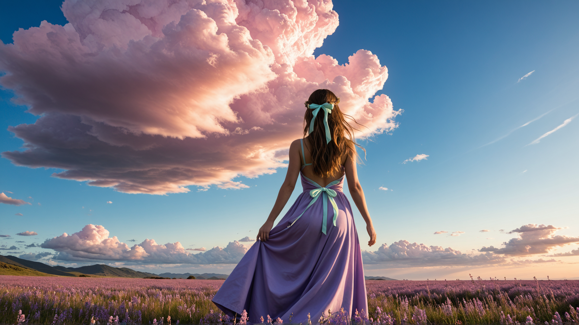 AI generated wallpaper featuring woman, field, cloud