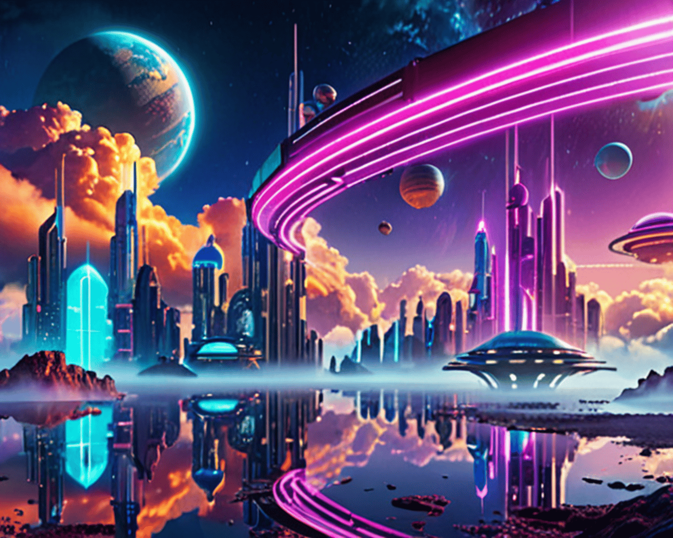 AI generated wallpaper featuring city, space, neon