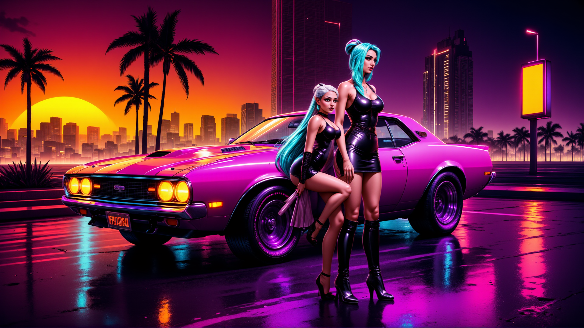 AI generated wallpaper featuring women, car, city