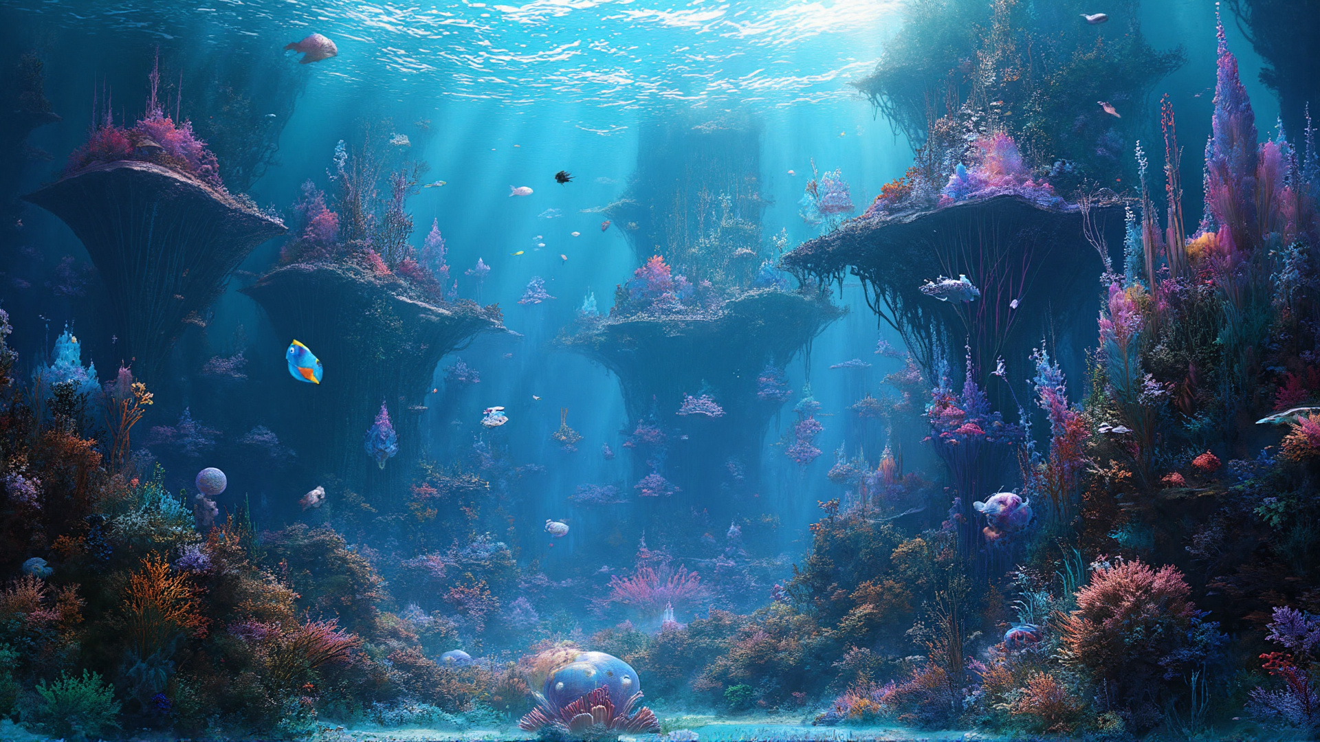 AI generated wallpaper featuring coral, fish, reef, underwater, plant, sunlight, rock, seaweed, kelp, anemone