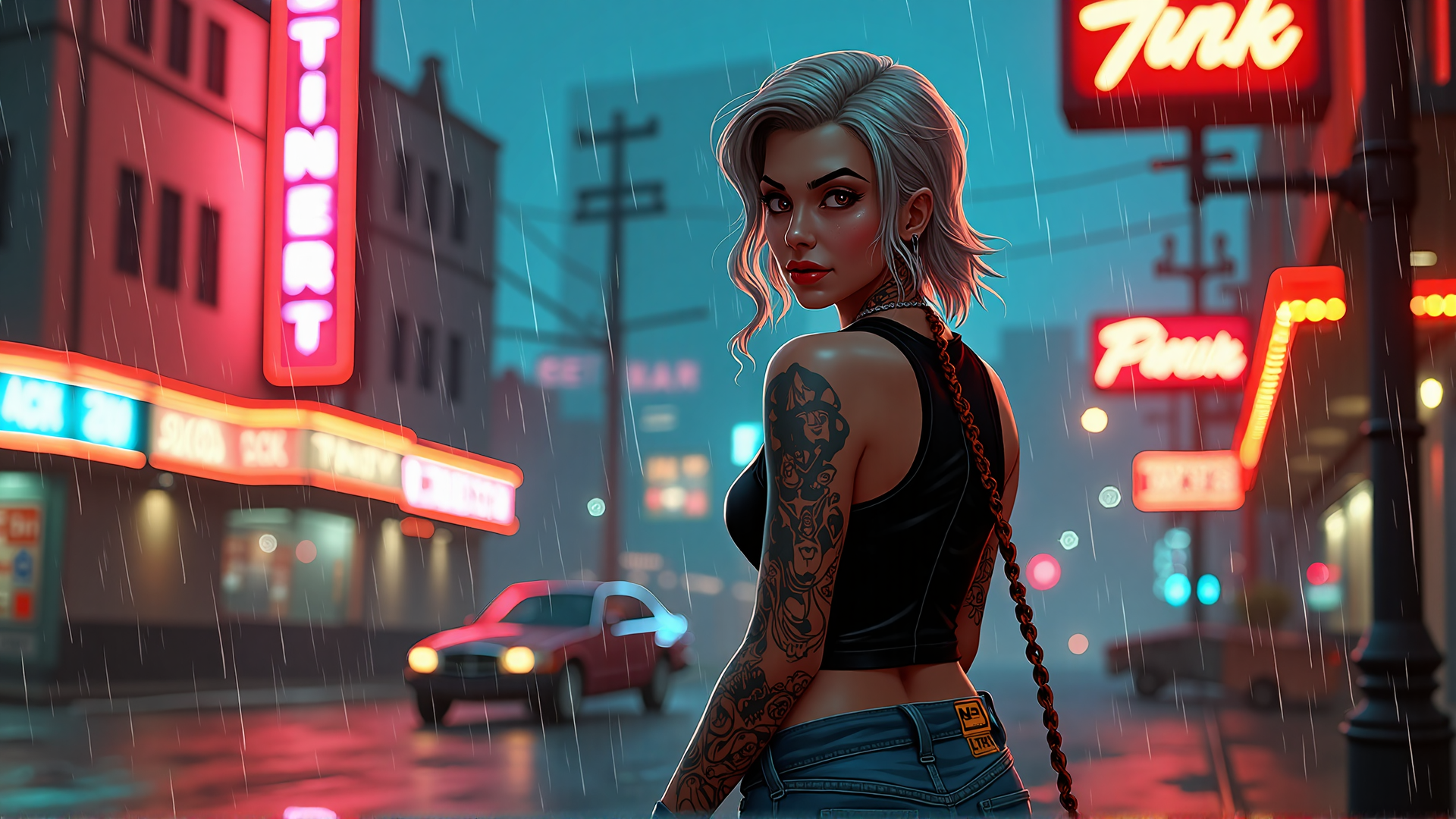 AI generated wallpaper featuring woman, tattoo, neon, rain, city, car, sign, jeans, chain, hair