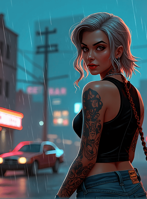 woman, tattoo, neon, rain, city, car, sign, jeans, chain, hair