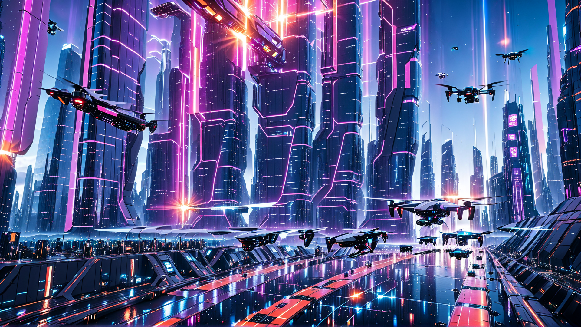 AI generated wallpaper featuring city, drones, skyscrapers