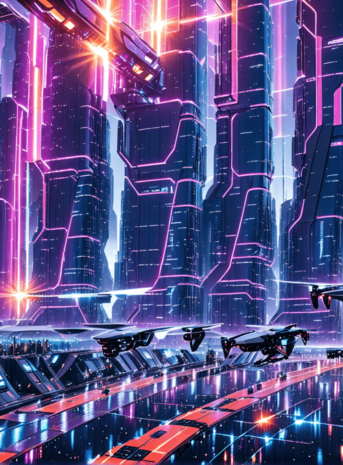 city, drones, skyscrapers