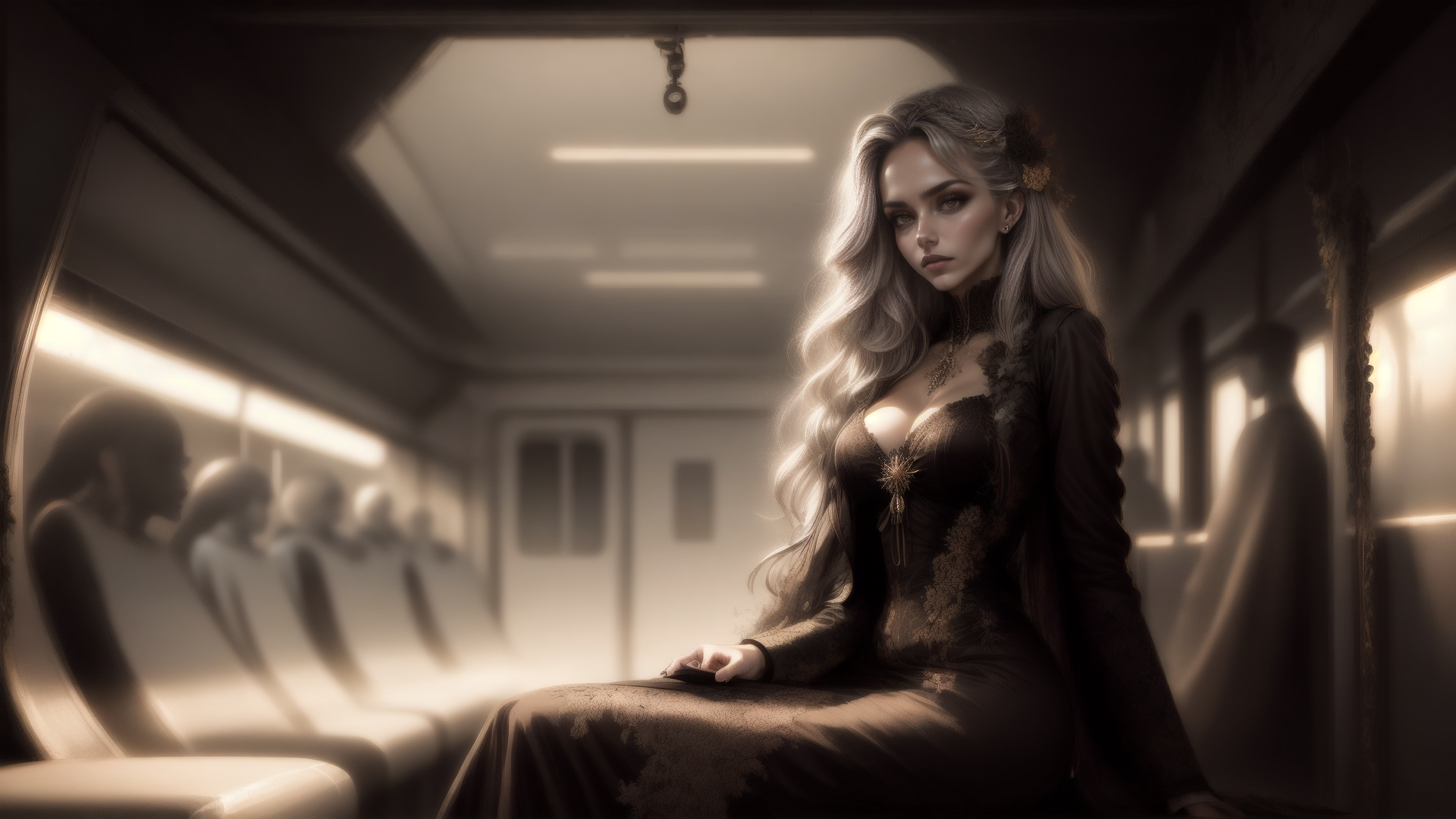 AI generated wallpaper featuring woman, train, passengers