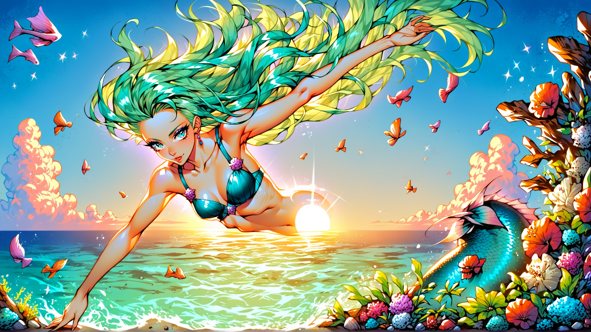 AI generated wallpaper featuring mermaid, fish, butterfly, sun, flowers, seashell, coral, waves, sunlight, water