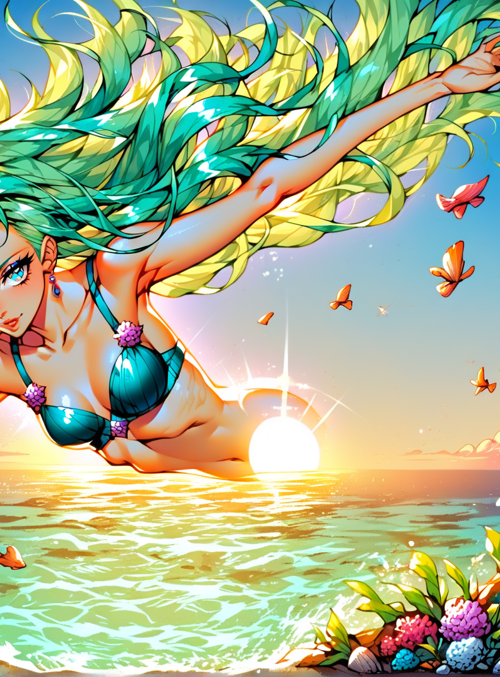 mermaid, fish, butterfly, sun, flowers, seashell, coral, waves, sunlight, water