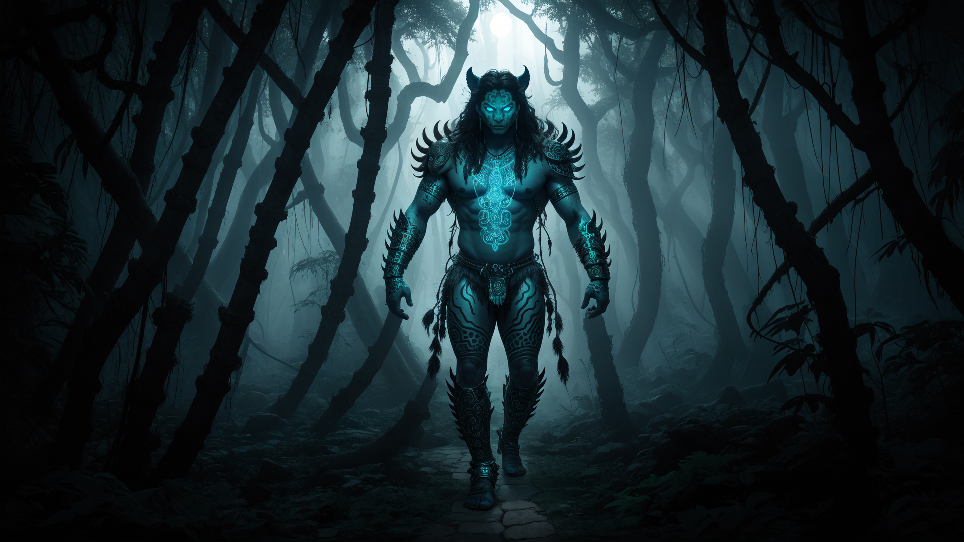 AI generated wallpaper featuring demon, tribal, forest