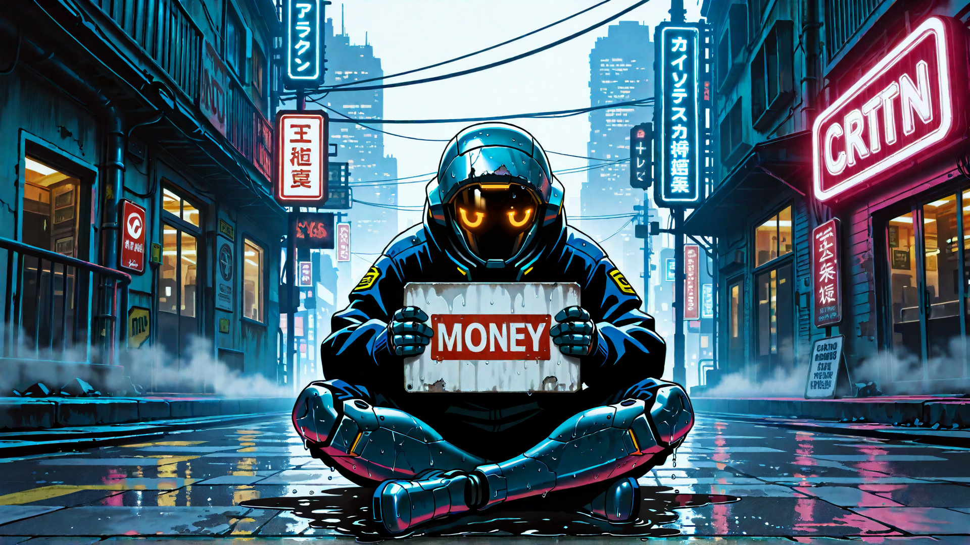 AI generated wallpaper featuring robot, sign, city