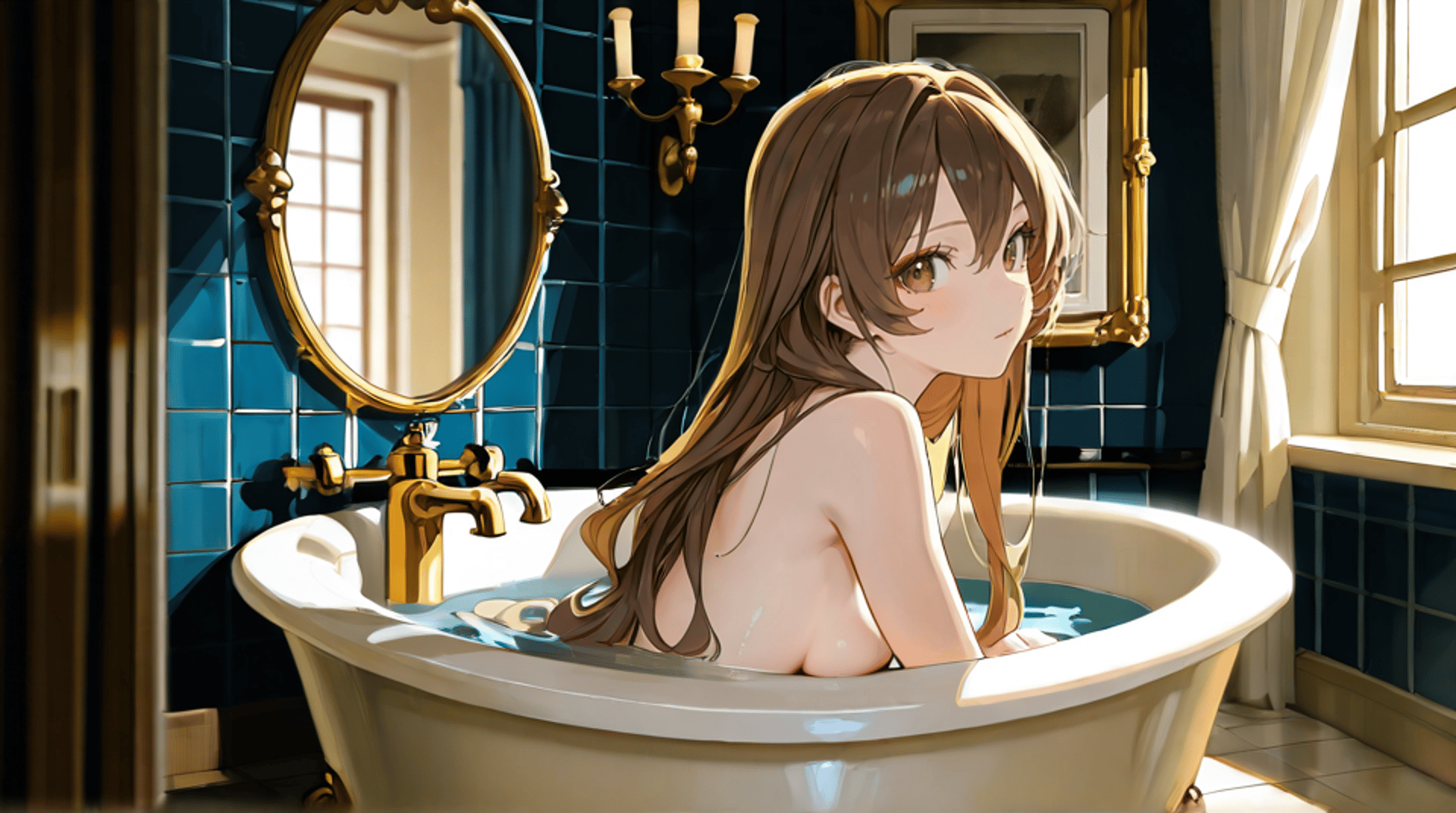AI generated wallpaper featuring girl, bathtub, bathroom