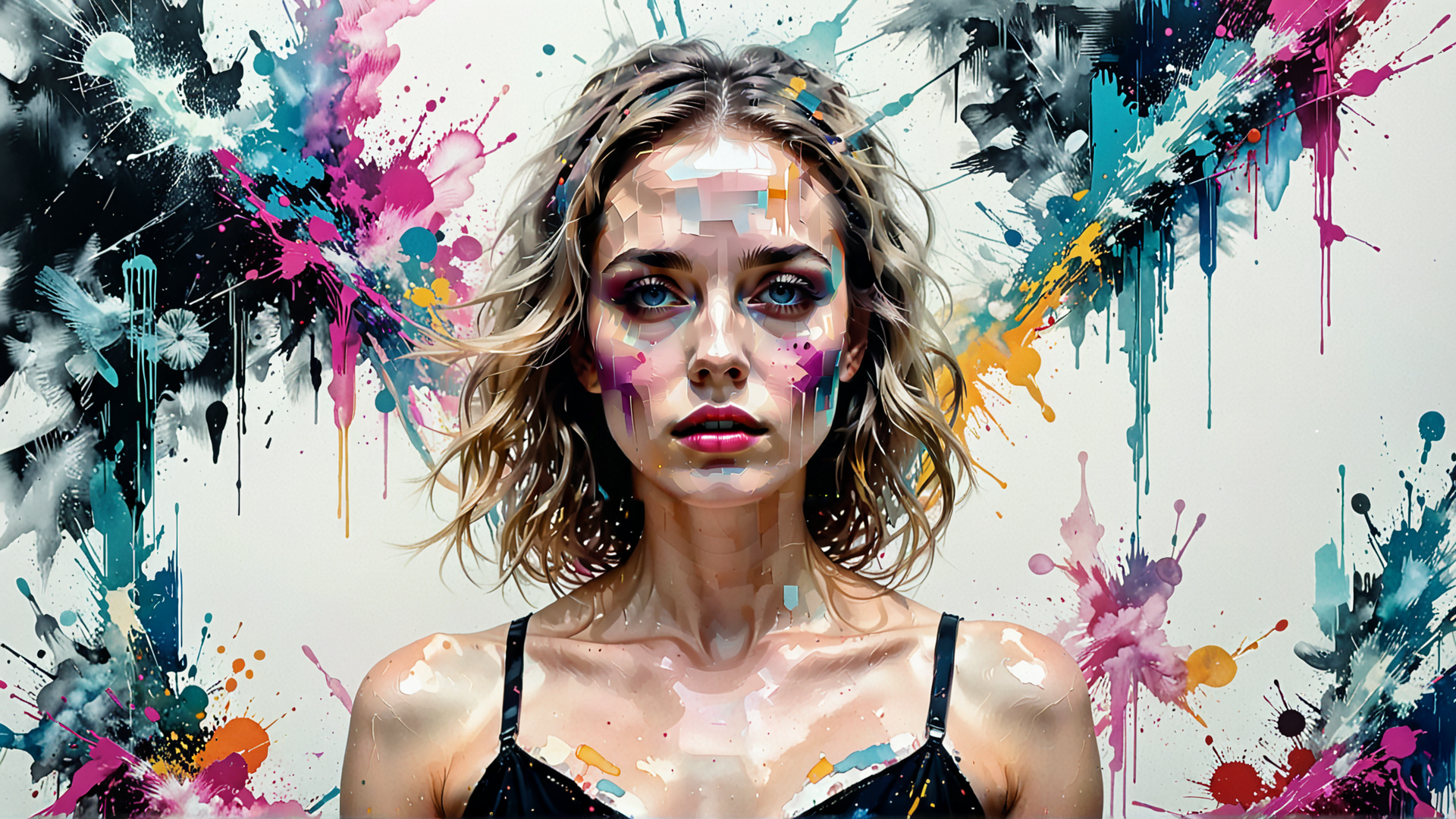 AI generated wallpaper featuring woman, paint, splatter, art, feathers